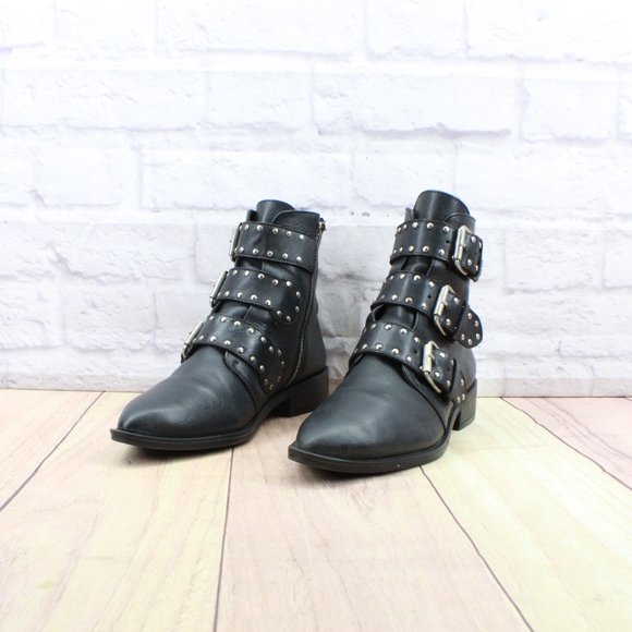 Steven Maden New York Harmon Black Leather Studded Buckle Booties Size 8 M - Picture 2 of 11